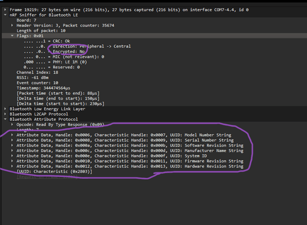 Unencrypted Bluetooth packet details
